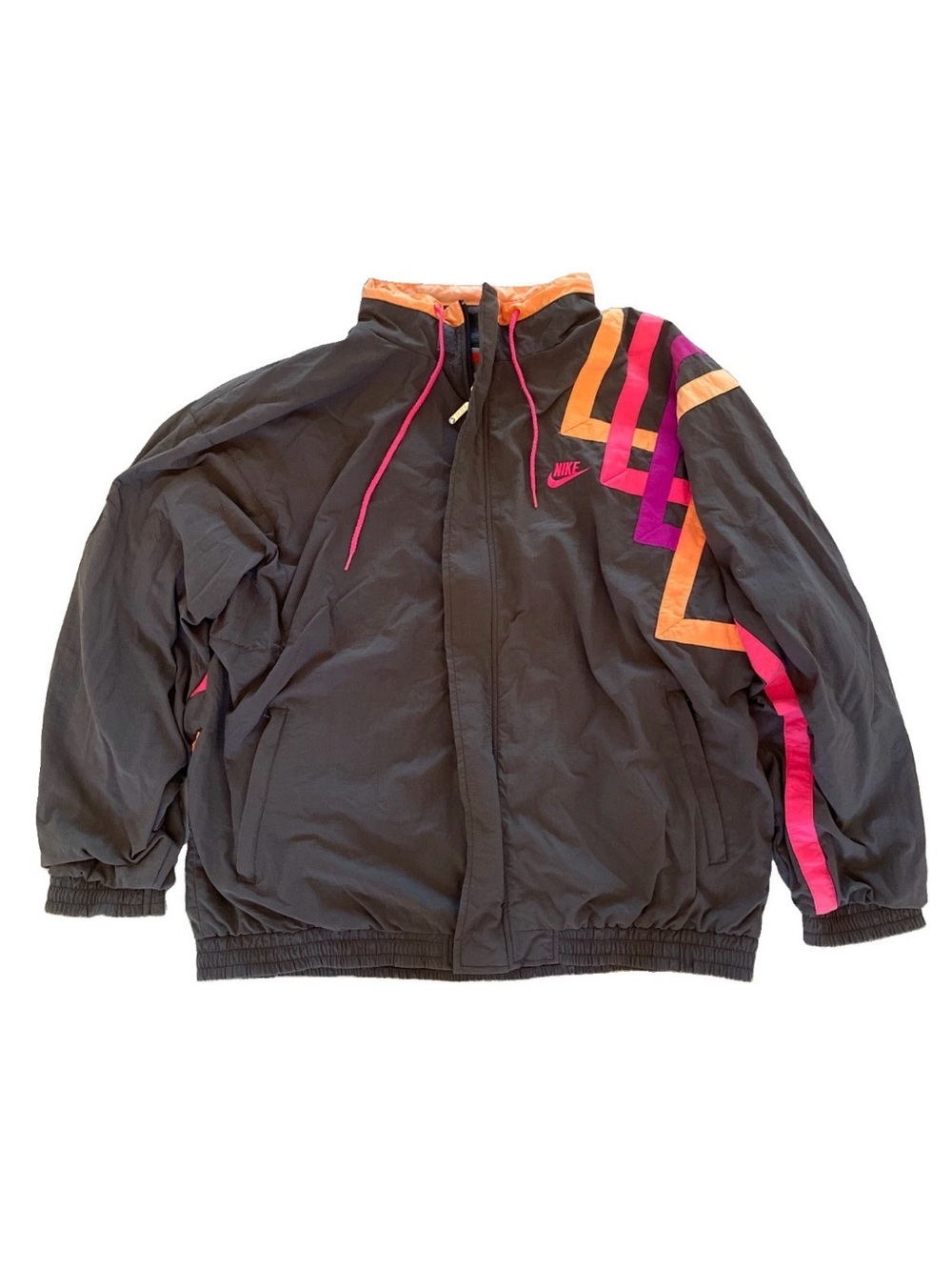 Vintage 90s Nike Windbreaker Jacket Large Gray Neon Stripe Geometric Full Zip